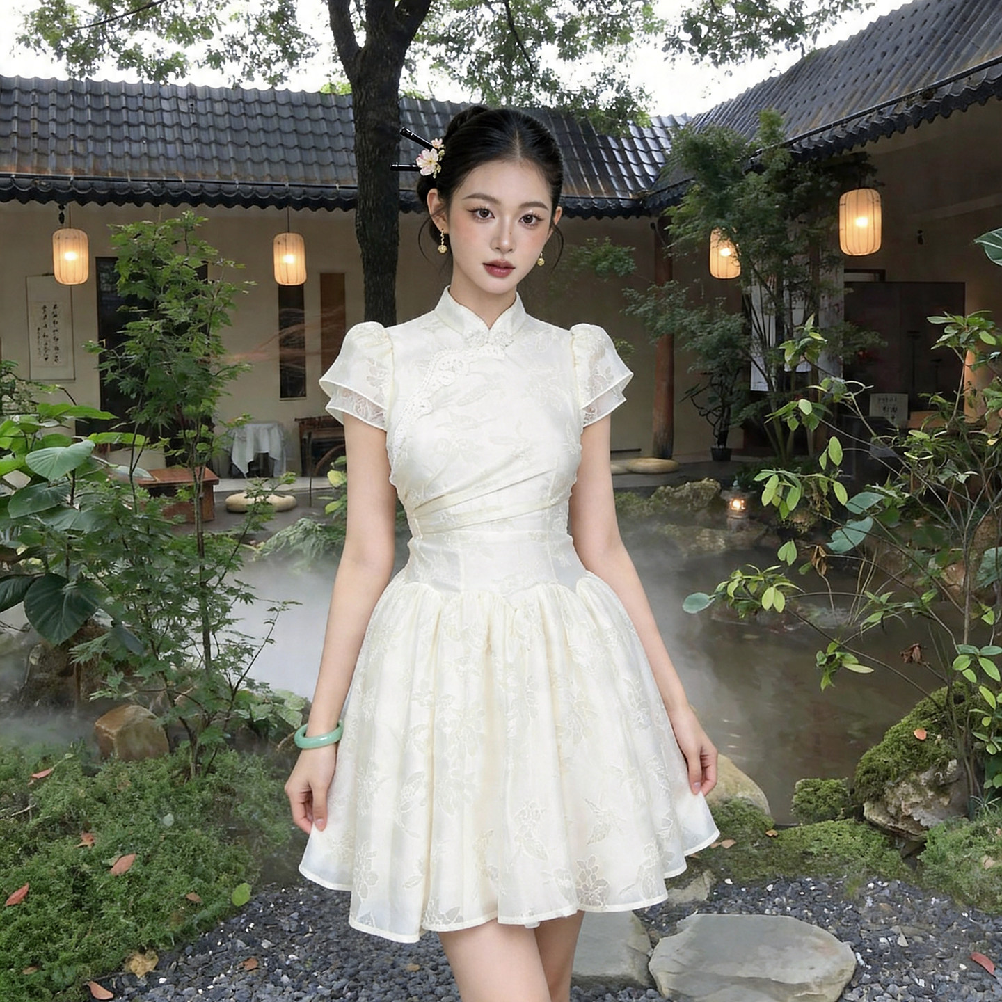 新中式旗袍连衣裙女夏季新款小白裙特别漂亮的白色裙子a字裙短裙