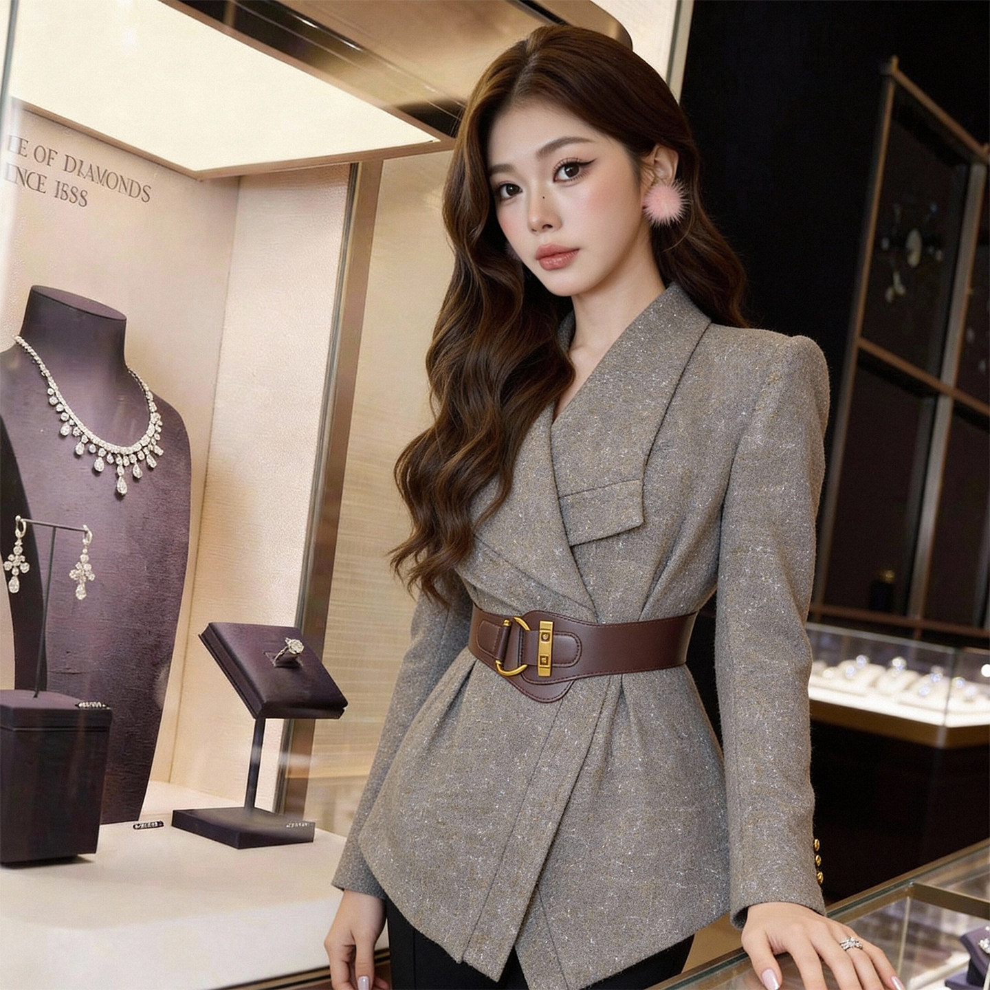 法式小资别致千金风长袖外套女新款气质高级感灰色西装上衣配腰带,女装/女士精品,短外套,淘宝优惠券,粉丝福利购,淘宝优惠卷