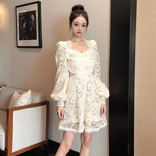 亮片白色连衣裙女高级感秋冬内搭重要场合长袖泡泡袖宴会生日礼服