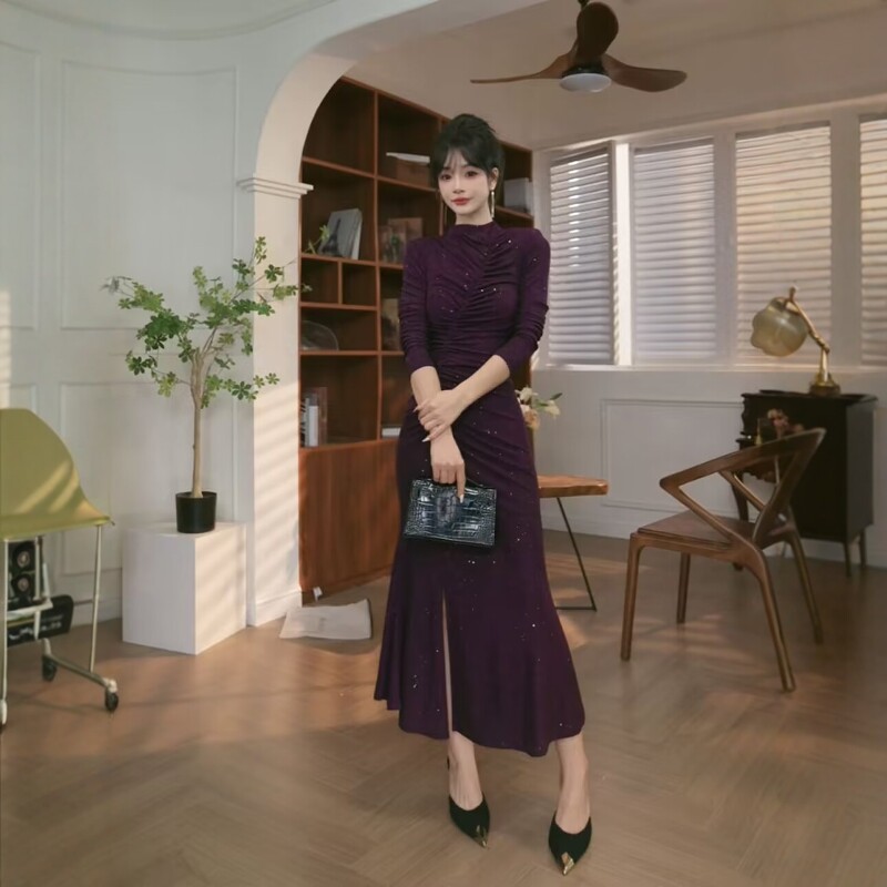 紫色礼服鱼尾连衣裙春秋内搭轻奢名媛高级感千金风生日party裙子