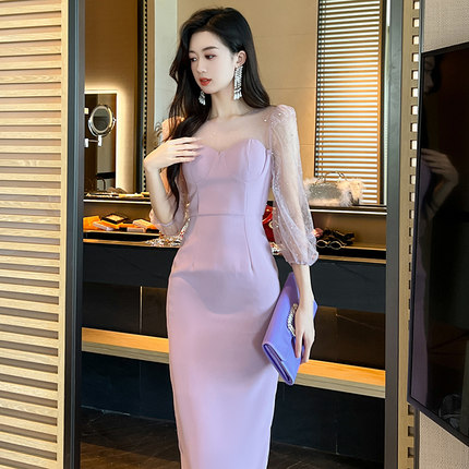 2024秋冬名媛气质显瘦连衣裙女温柔风紫色减龄包臀设计感修身裙子