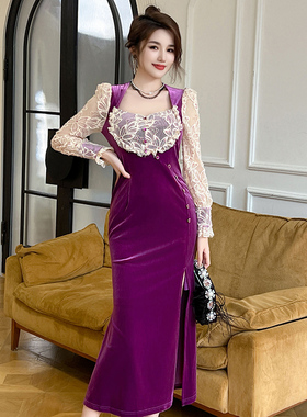 法式晚礼服高级感轻奢重工宴会气质女人味紫色方领丝绒连衣裙秋冬