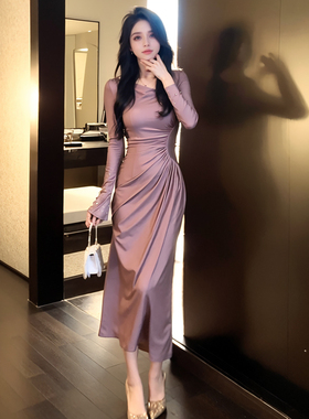 31011高级感修身气质长裙内搭连衣裙秋冬女长袖打底御姐风一步裙