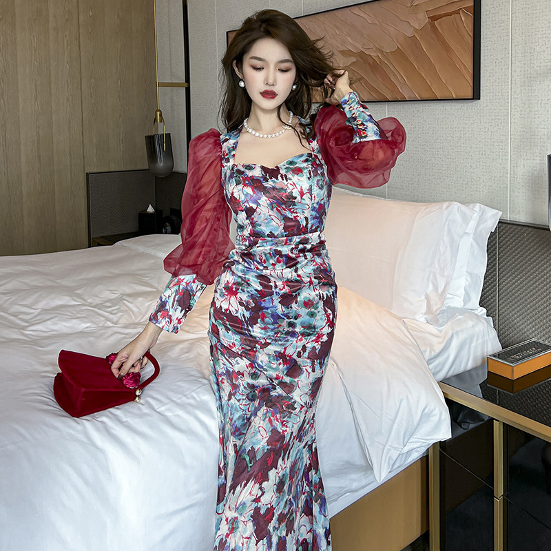 长袖缎面修身小香风森女鱼尾裙