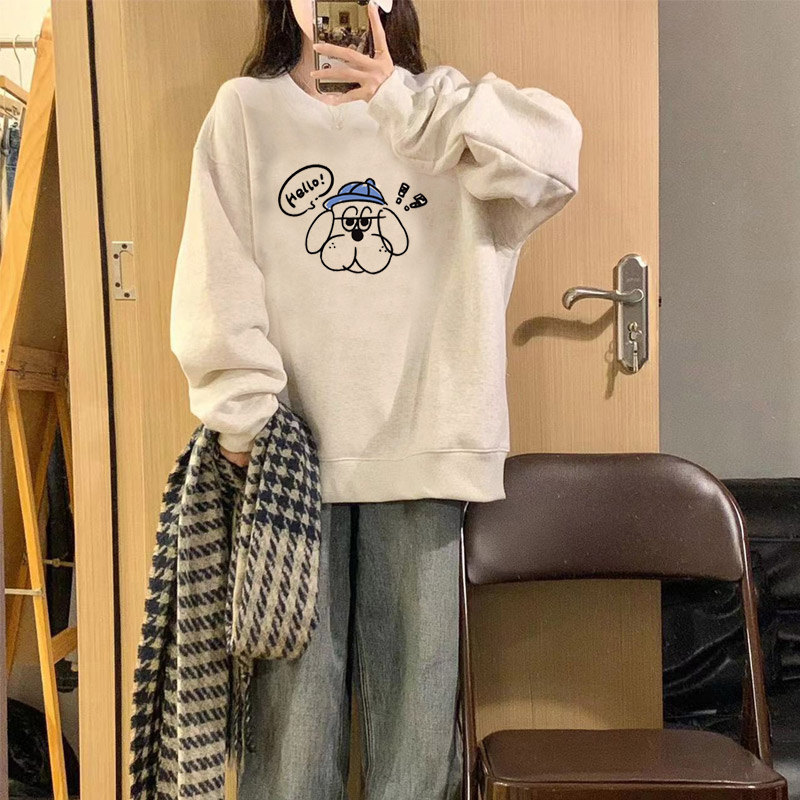 日系卡通狗狗印花灰色卫衣女2025新款春秋冬韩系高级感慵懒风外套