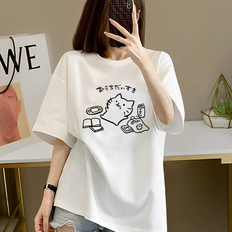 卡通小猫上衣女士短袖t恤2026新款重磅纯棉夏季圆领宽松体恤ins潮