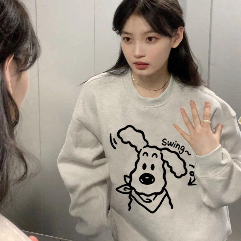 白灰色韩版洋气卫衣女重磅加绒秋冬百搭小个子BF慵懒风宽松外套潮