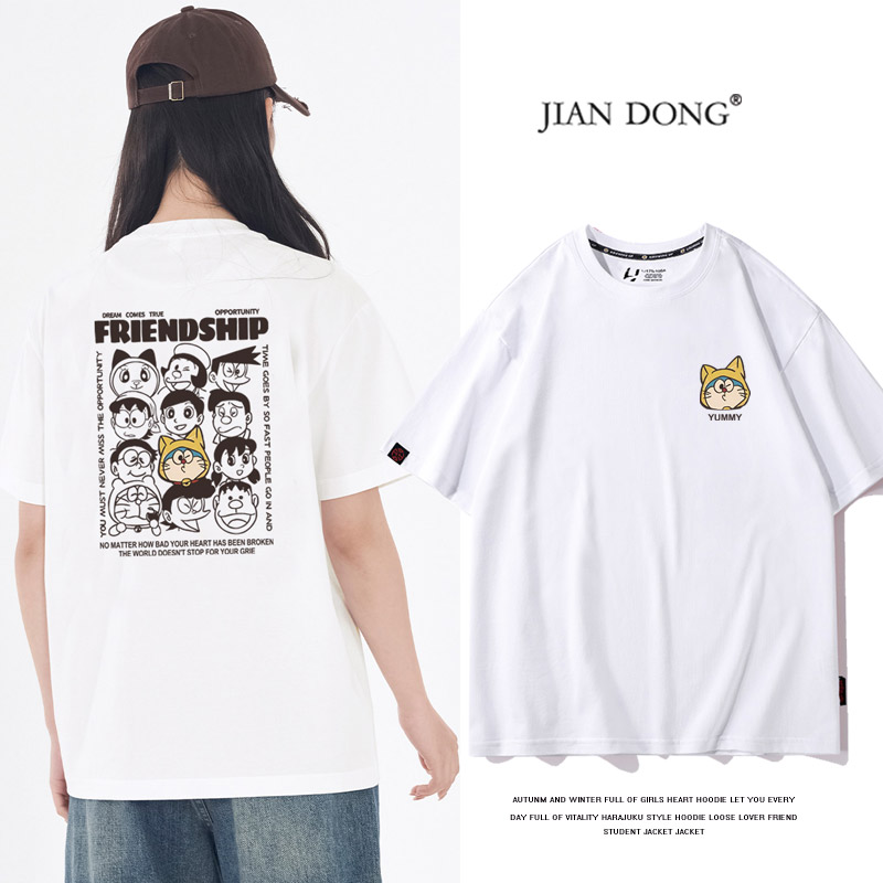 高级感短袖t恤女2025夏季新款哆啦A梦大码显瘦重磅纯棉可爱上衣潮