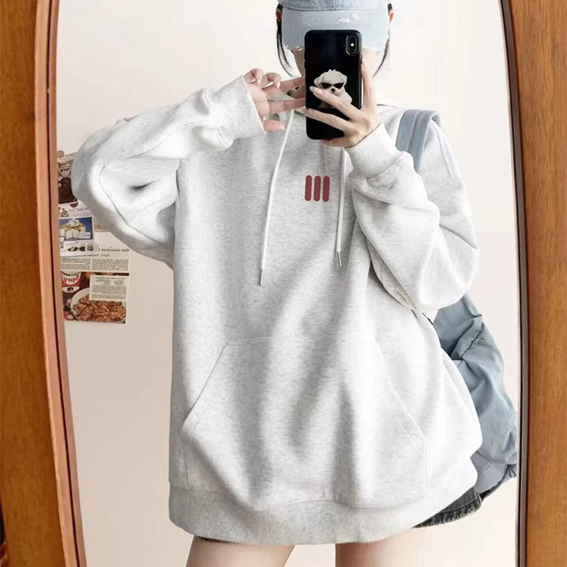 设计感简约慵懒风卫衣女花灰色秋冬加绒百搭休闲帽衫学生长袖外套