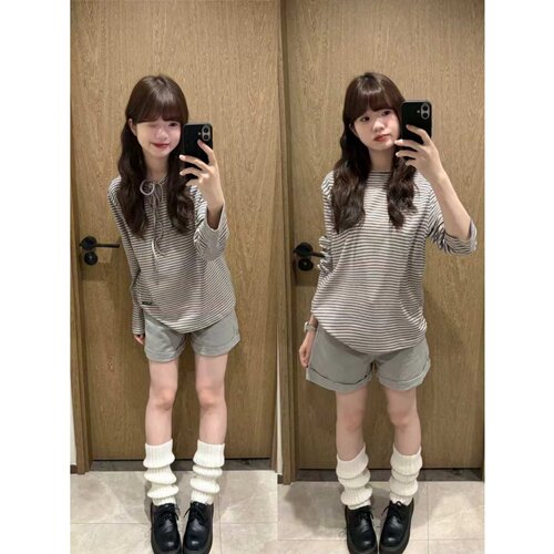 秋冬女打底衫韩系慵懒蓝色条纹前后两穿系带针织长袖T恤新款1008k