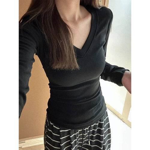 秋冬女打底衫黑色纯V领正肩长袖T恤春简约内搭美式辣妹修身1008k