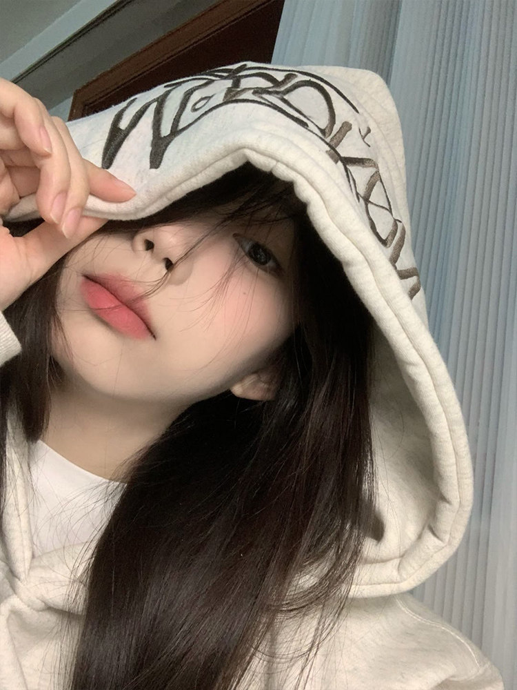 Light gray women's hoodie, 2025 new autumn and winter Chinese trend brand, hiphop style, with fleece and extra thickness, American high street hooded jacket