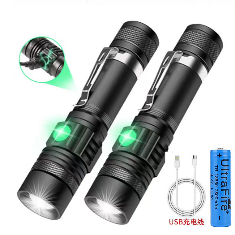 手电筒强光18650充电 T6超亮小型便携多功能usb户外迷你家用腰夹