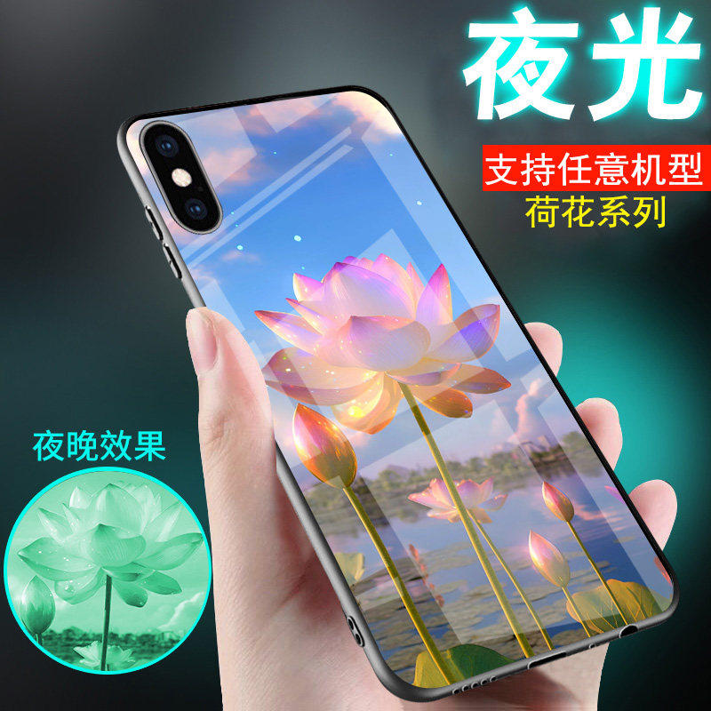 适用苹果x手机壳iPhoneX夜光xr玻璃XS MAX新品xsmax荷花莲花XS中国古风XSMAX男士女生款潮网红外套情侣