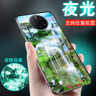 适用华为mate70手机壳mate80中国古风潮60流水生财50山水画40新品30夜光20外套mate50E玻璃男士女款mate80pro