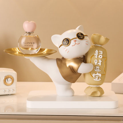 创意招财猫入户玄关钥匙收纳摆件客厅开业托盘装饰品乔迁新居礼品