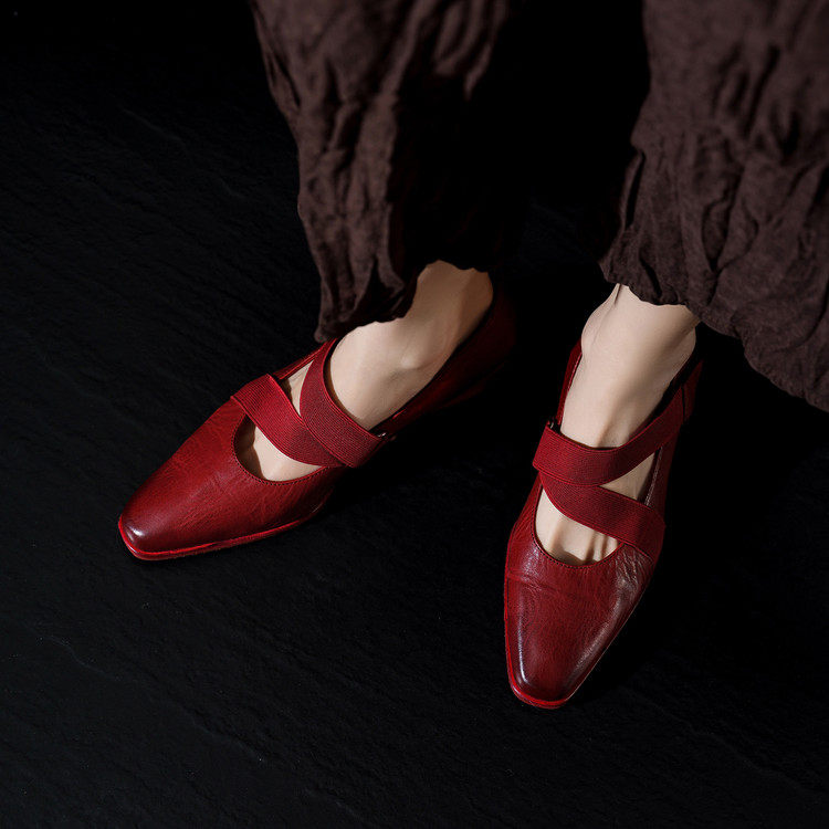 复古风高级感方头粗跟真皮工艺头层牛皮玛丽珍鞋春秋季浅口女鞋