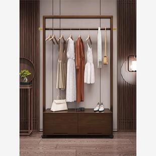 衣帽架全实木落地家用卧室衣架胡桃木色可移动简约新中式储物架子