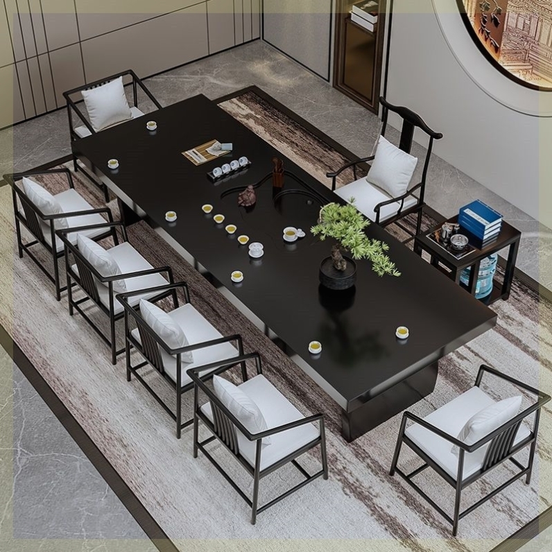 新中式泡茶桌椅组合套装一整套轻奢茶台实木大板茶桌椅黑色茶桌