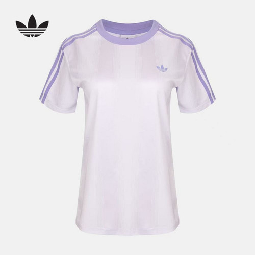 adidas阿迪达斯三叶草上衣秋女三条纹运动舒适紫色短袖T恤 KY0803