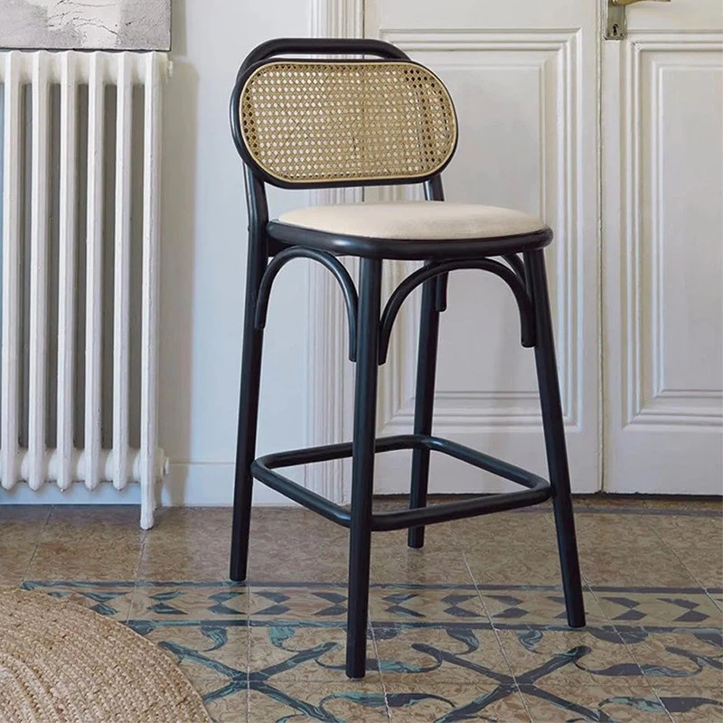 实木藤编餐椅复古吧台椅家用布艺软包靠背椅高级感民宿酒吧高脚椅