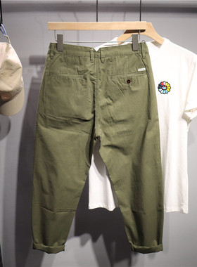 毒类立体剪裁时尚休闲裤男军绿色百搭小脚锥形裤青少年简约九分裤