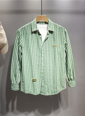 毒类日系高级感经典条纹衬衫男翻领通勤小众寸衣休闲长袖绿色衬衣