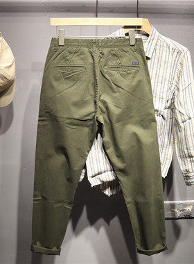 毒类质感男裤春秋军绿色修身直筒长裤潮牌重磅水洗锥形男士休闲裤
