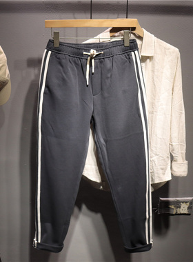 毒类 美式时尚侧边条纹运动裤男 春秋季舒适抽绳松紧腰长裤针织裤