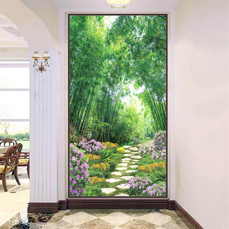 91N简约3D立体玄关过道自粘墙纸贴画绿林大海卧室墙面风景画壁画