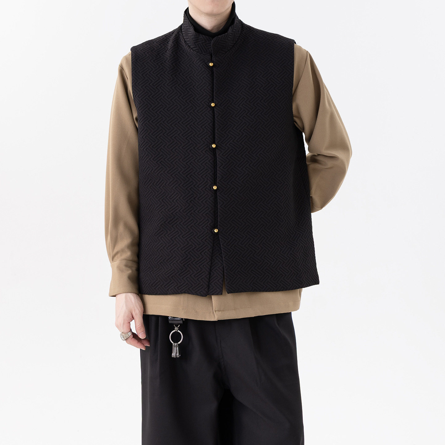 2025国潮秋冬新款男式提花铜扣马甲中国风立领无袖唐装夹克背心,男装,中山装,淘宝优惠券,粉丝福利购,淘宝优惠卷