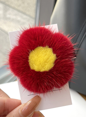 真水貂毛小花朵发夹可爱毛绒ins发卡网红韩国气质皮草bb卡边发饰