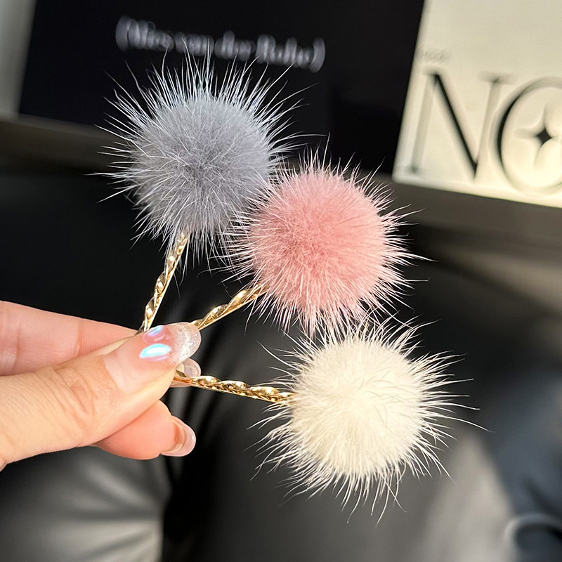 真水貂毛球球一字夹发夹边夹发饰