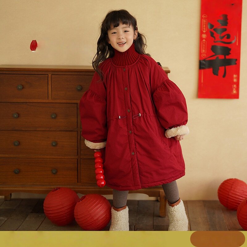 2025新款冬季红色加厚保暖女童棉服时尚百搭过年外套中长款