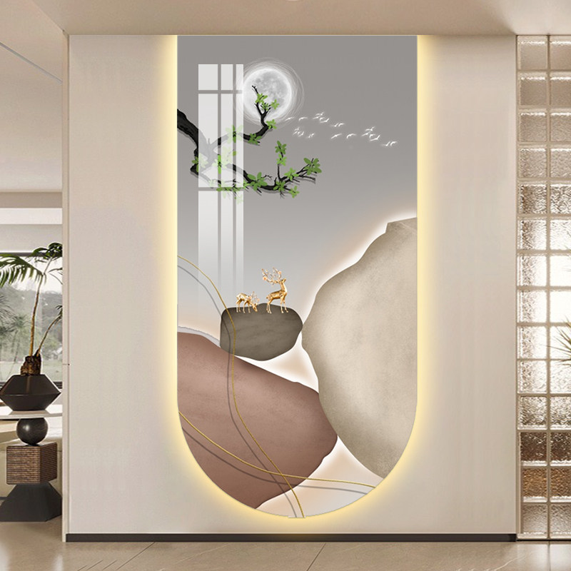 轻奢抽象玄关背景墙装饰画无框带灯竖版挂画酒店过道走廊软装壁画