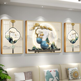 新中式古风沙发背景墙装饰画客厅三联组合挂画高级感艺术福禄壁画