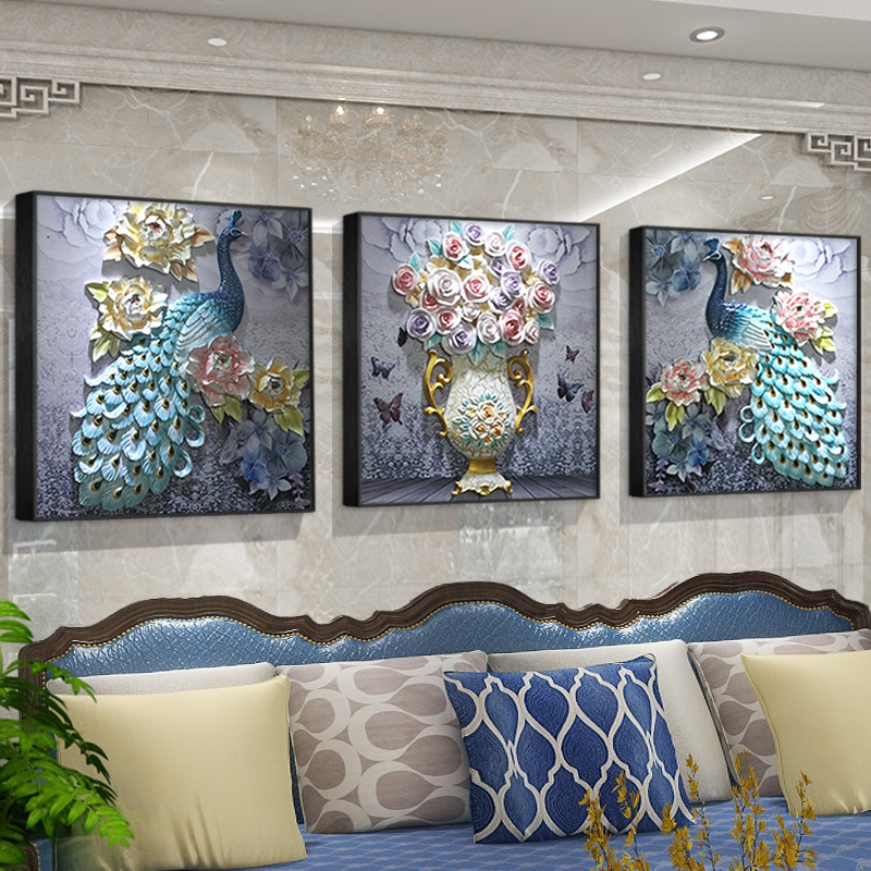 欧式沙发背景墙装饰画高端大气客厅三联浮雕挂画法式轻奢立体壁画图片