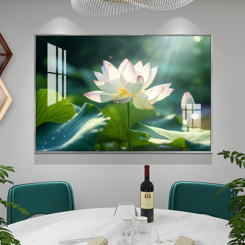 现代简约餐厅装饰画新款饭厅背景墙创意挂画轻奢高级感荷花艺术画图片