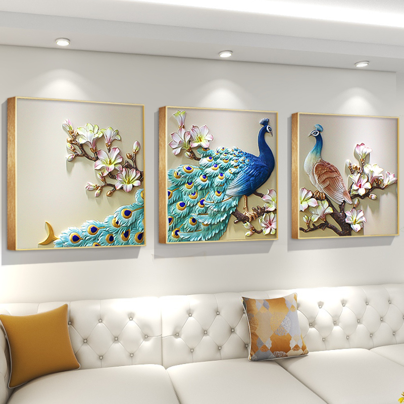 轻奢高档客厅沙发背景墙装饰画大气立体壁画三联浮雕挂画吉祥孔雀图片