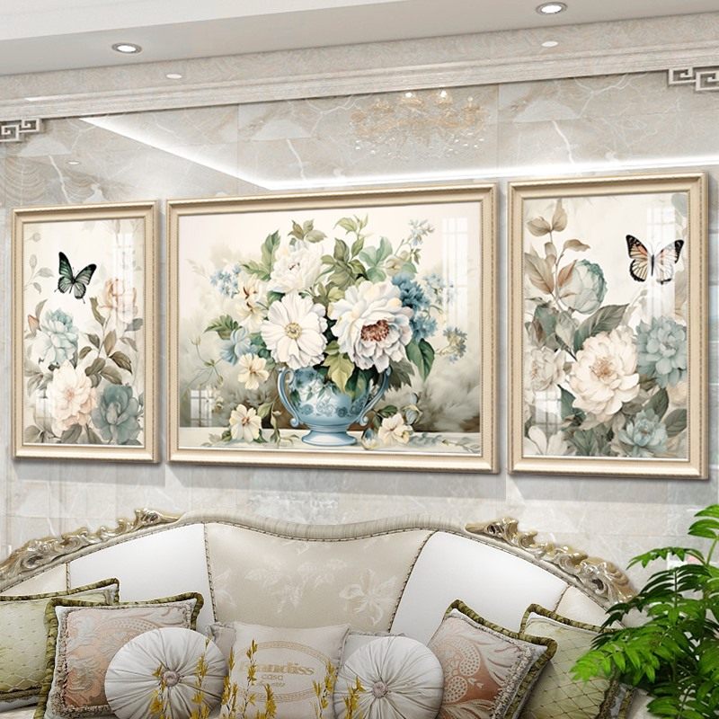 复古欧式沙发背景墙装饰画新款客厅三联花卉挂画高档美式艺术壁画,家居饰品,现代装饰画,淘宝优惠券,粉丝福利购,淘宝优惠卷