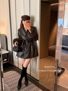 时尚 新款 气质大衣潮8719 收腰狐狸毛羽绒内胆皮衣外套女冬季 中长款