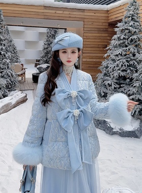 [香雪海] 郭郭原创狐狸毛重工蕾丝蓝色羽绒服外套+半身裙套装8043