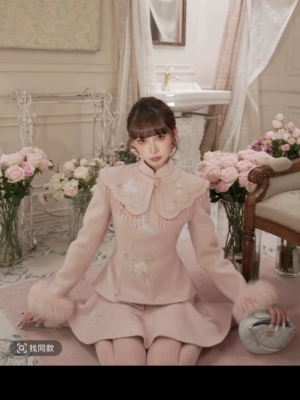 杜屁屁桃浮生记新中式国风刺绣斜襟绵羊毛双面呢大衣三件套8049