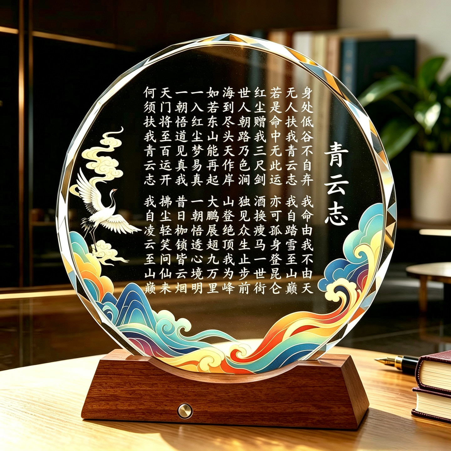 云栖白鹤彩绘山河镌刻青云之志诗文圆形水晶摆件居家书房陈设摆件