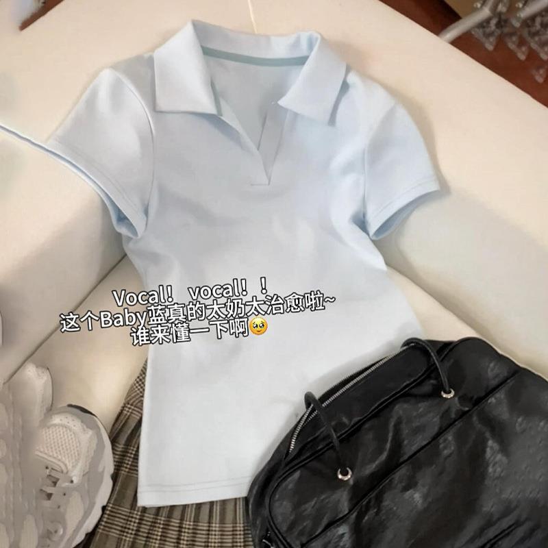蓝色polo领短袖t恤女2025新款夏季正肩修身显瘦翻领纯棉短款上衣