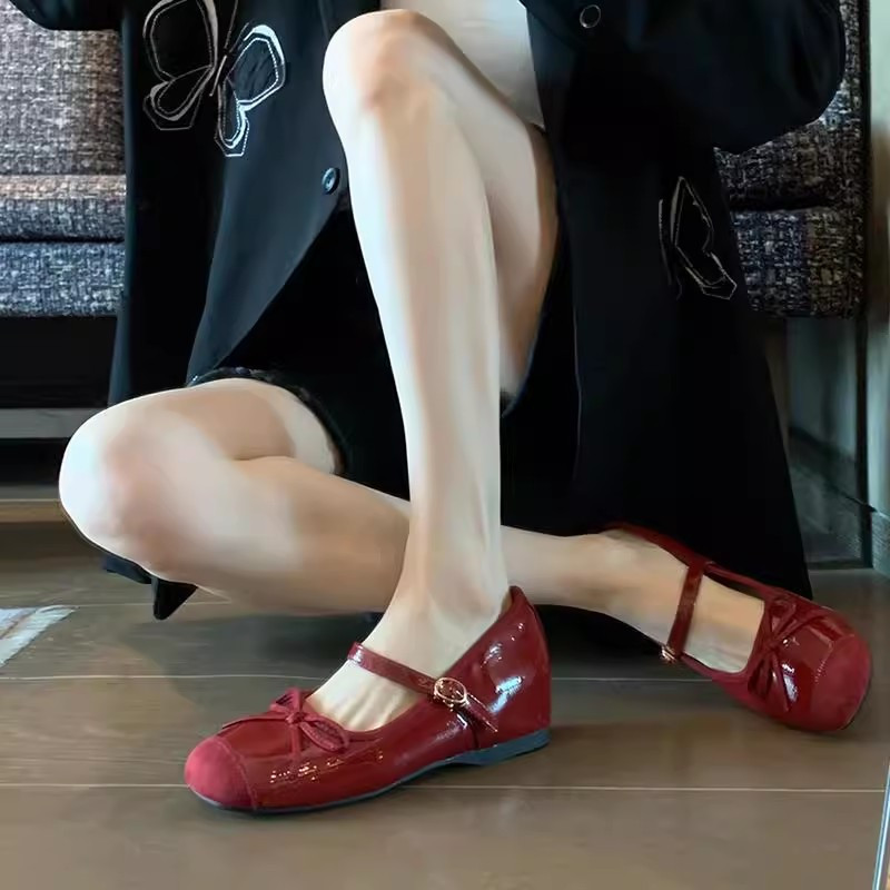 2025春季法式玛丽珍鞋女鞋子红色浅口蝴蝶结一字扣带内增高单鞋女