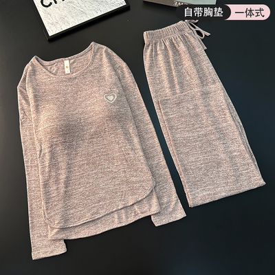 睡衣女春秋款纯棉长袖带胸垫