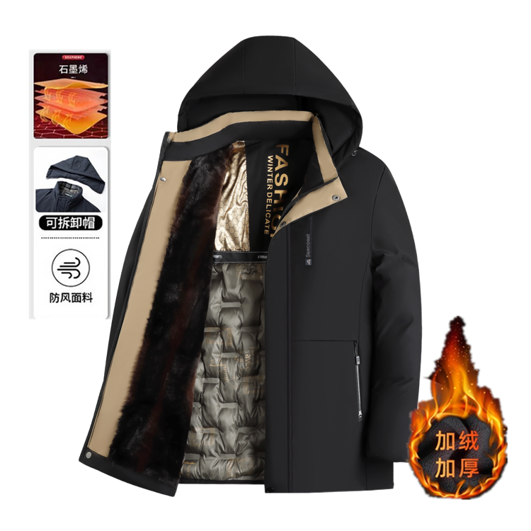 男士冬季可脱卸帽中长款保暖棉衣中老年休闲连帽加绒加厚棉服外套