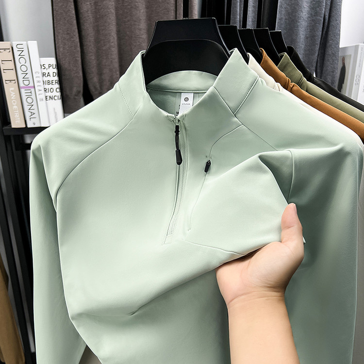 春秋季男士拉链半高领Polo衫中年弹力舒适户外运动磨毛卫衣打底衫
