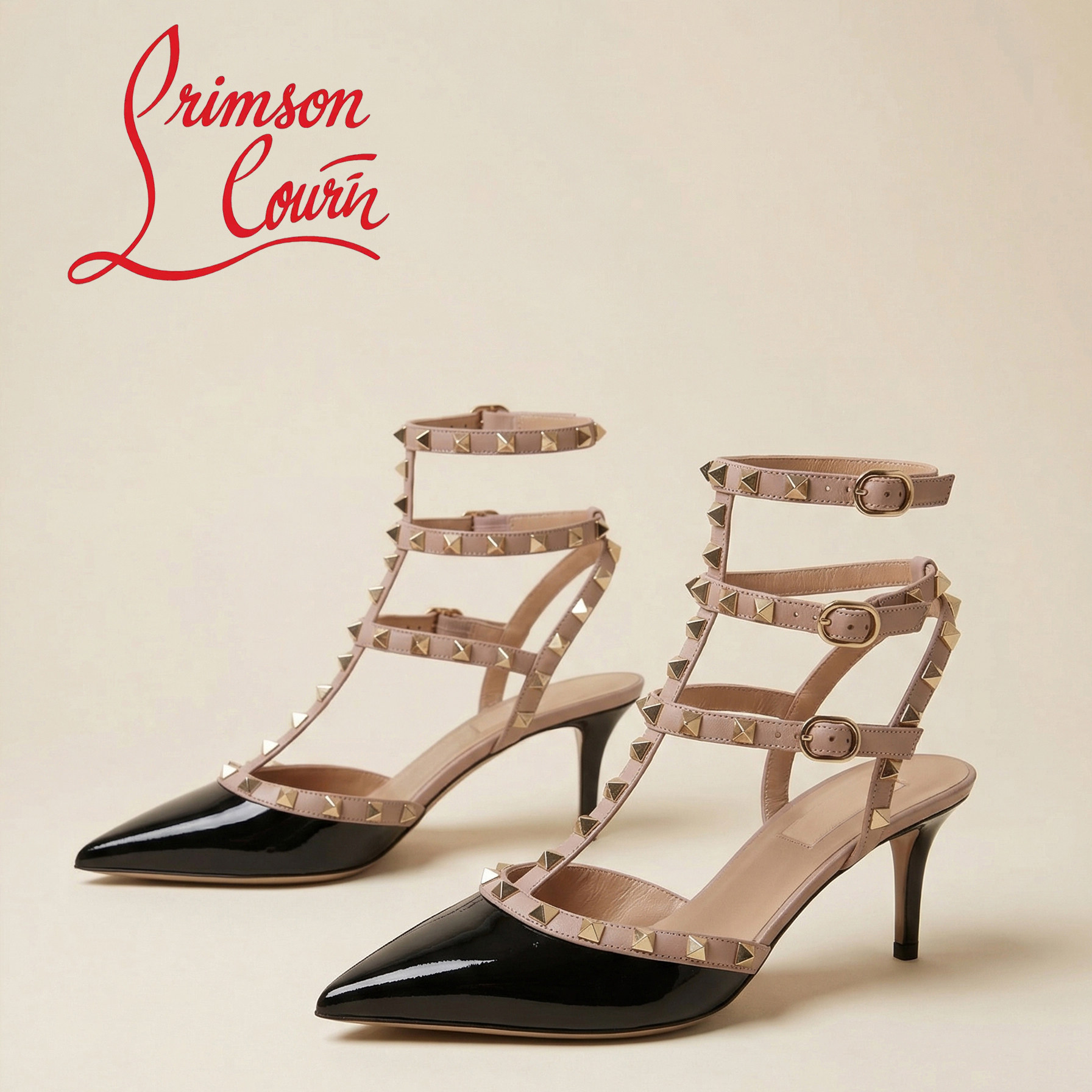 经典v家尖头三环铆钉高跟鞋细跟2026夏新款真皮黑色性感中跟凉鞋